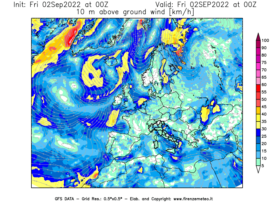 GFS analysi map - Wind Speed at 10 m above ground [km/h] in Europe
									on 02/09/2022 00 <!--googleoff: index-->UTC<!--googleon: index-->
