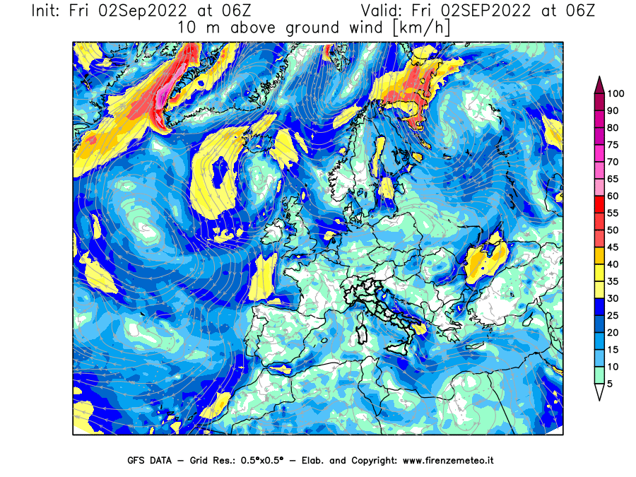 GFS analysi map - Wind Speed at 10 m above ground [km/h] in Europe
									on 02/09/2022 06 <!--googleoff: index-->UTC<!--googleon: index-->