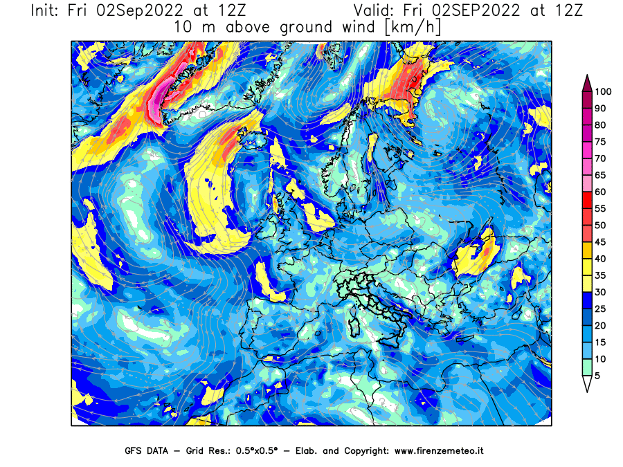 GFS analysi map - Wind Speed at 10 m above ground [km/h] in Europe
									on 02/09/2022 12 <!--googleoff: index-->UTC<!--googleon: index-->