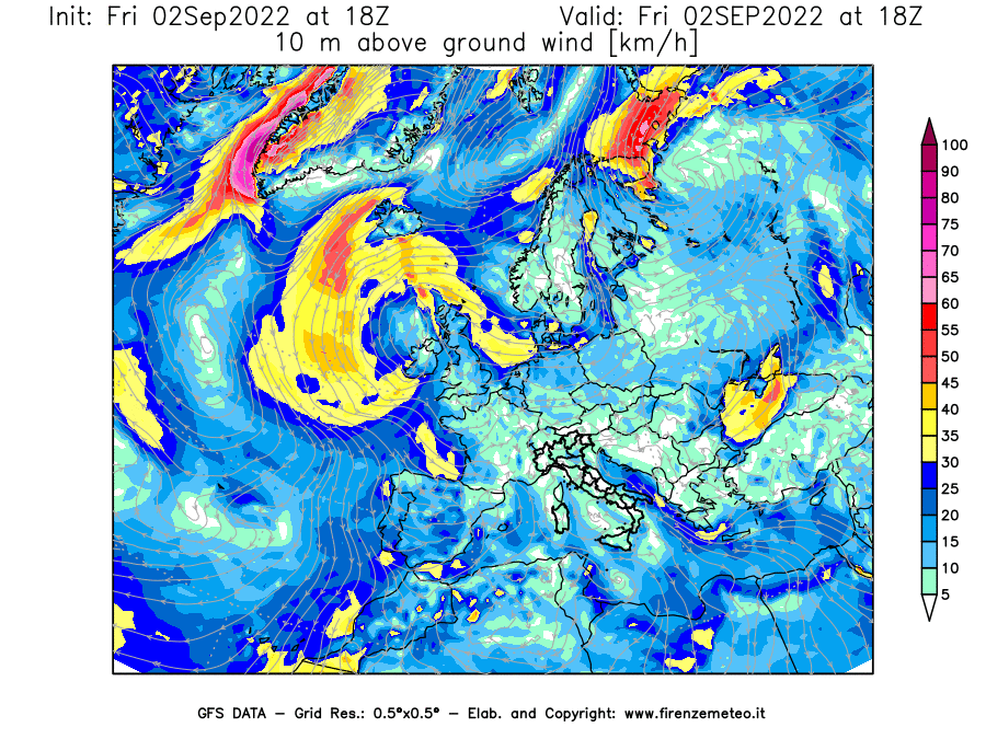 GFS analysi map - Wind Speed at 10 m above ground [km/h] in Europe
									on 02/09/2022 18 <!--googleoff: index-->UTC<!--googleon: index-->