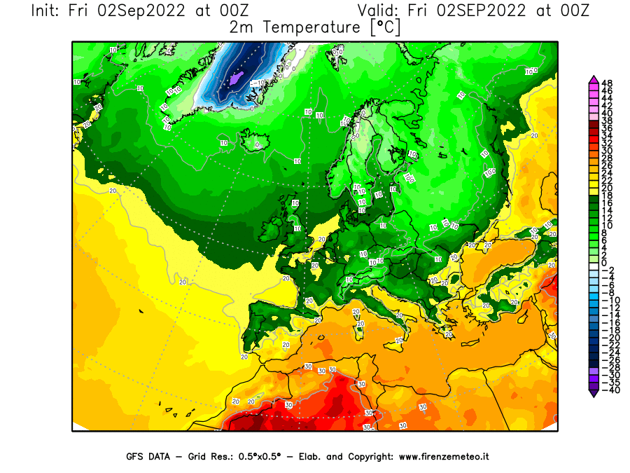 GFS analysi map - Temperature at 2 m above ground [°C] in Europe
									on 02/09/2022 00 <!--googleoff: index-->UTC<!--googleon: index-->