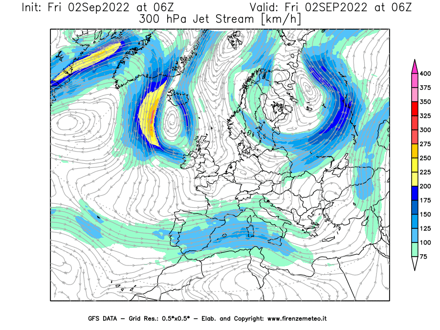 GFS analysi map - Jet Stream at 300 hPa in Europe
									on 02/09/2022 06 <!--googleoff: index-->UTC<!--googleon: index-->