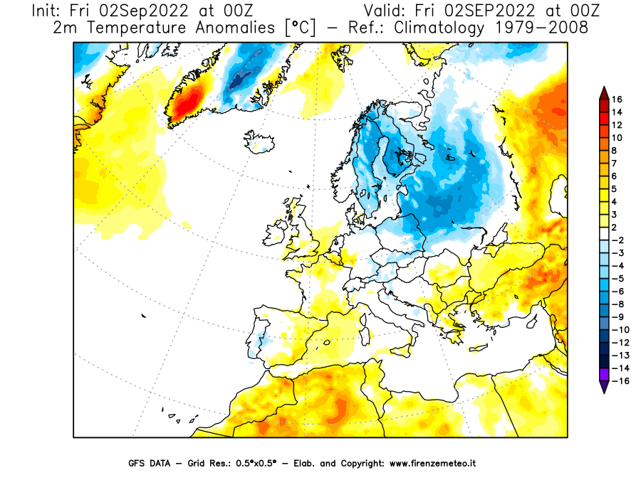 GFS analysi map - Temperature Anomalies [°C] at 2 m in Europe
									on 02/09/2022 00 <!--googleoff: index-->UTC<!--googleon: index-->