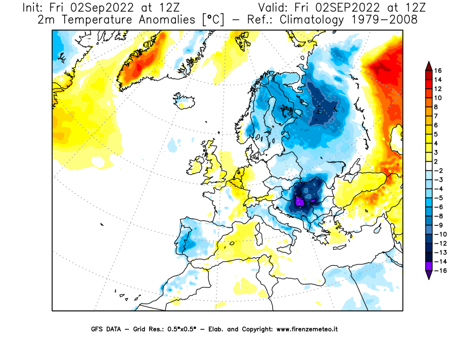 GFS analysi map - Temperature Anomalies [°C] at 2 m in Europe
									on 02/09/2022 12 <!--googleoff: index-->UTC<!--googleon: index-->