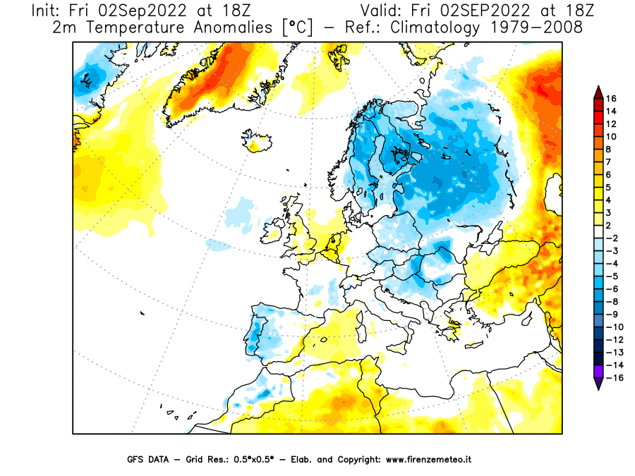 GFS analysi map - Temperature Anomalies [°C] at 2 m in Europe
									on 02/09/2022 18 <!--googleoff: index-->UTC<!--googleon: index-->