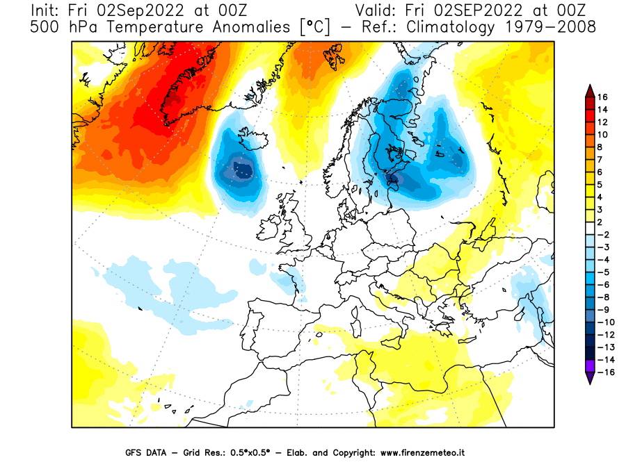 GFS analysi map - Temperature Anomalies [°C] at 500 hPa in Europe
									on 02/09/2022 00 <!--googleoff: index-->UTC<!--googleon: index-->