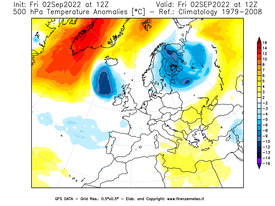 GFS analysi map - Temperature Anomalies [°C] at 500 hPa in Europe
									on 02/09/2022 12 <!--googleoff: index-->UTC<!--googleon: index-->