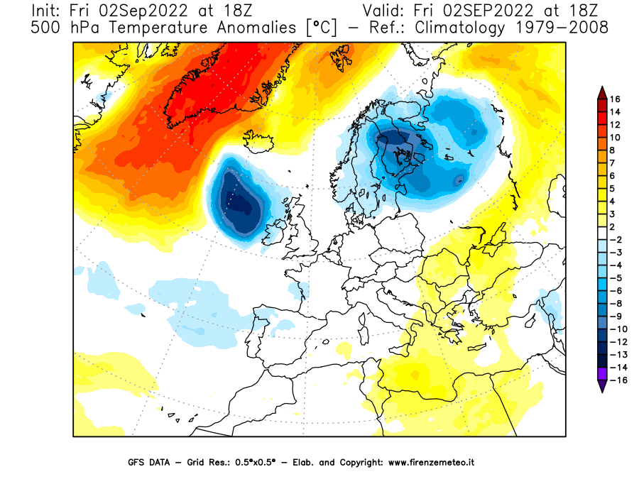 GFS analysi map - Temperature Anomalies [°C] at 500 hPa in Europe
									on 02/09/2022 18 <!--googleoff: index-->UTC<!--googleon: index-->