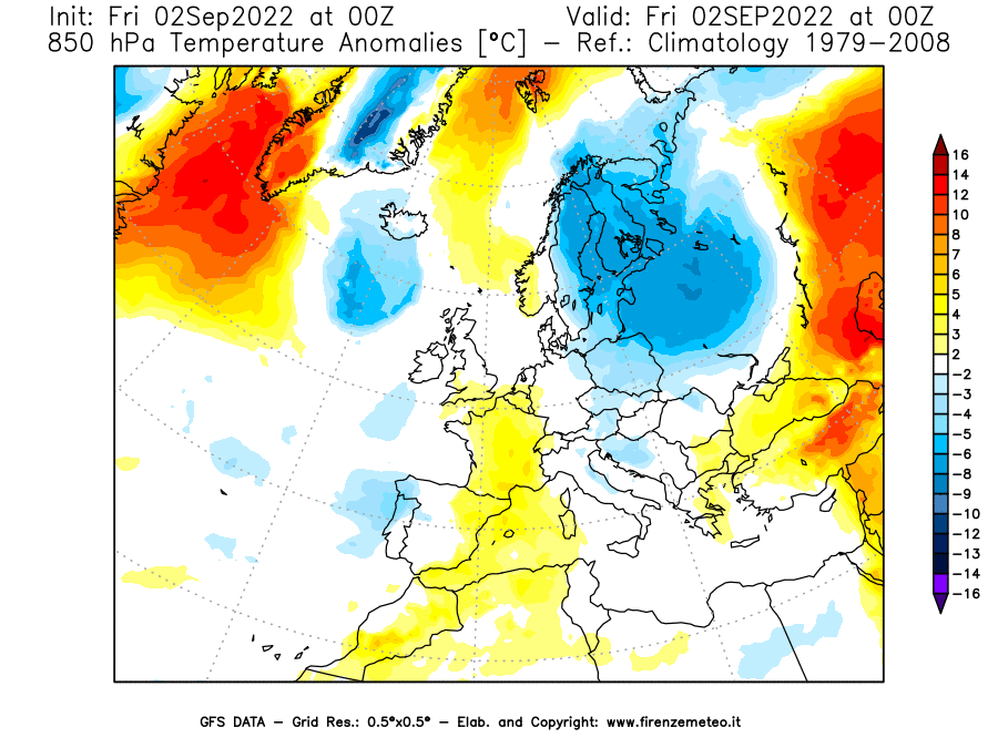 GFS analysi map - Temperature Anomalies [°C] at 850 hPa in Europe
									on 02/09/2022 00 <!--googleoff: index-->UTC<!--googleon: index-->