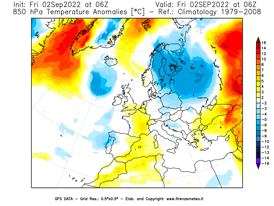 GFS analysi map - Temperature Anomalies [°C] at 850 hPa in Europe
									on 02/09/2022 06 <!--googleoff: index-->UTC<!--googleon: index-->