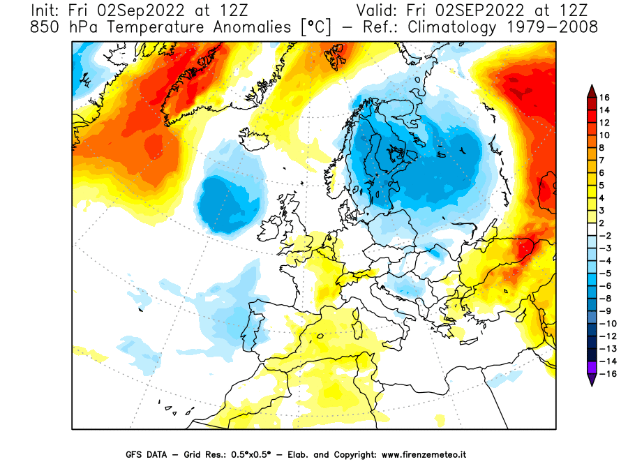 GFS analysi map - Temperature Anomalies [°C] at 850 hPa in Europe
									on 02/09/2022 12 <!--googleoff: index-->UTC<!--googleon: index-->