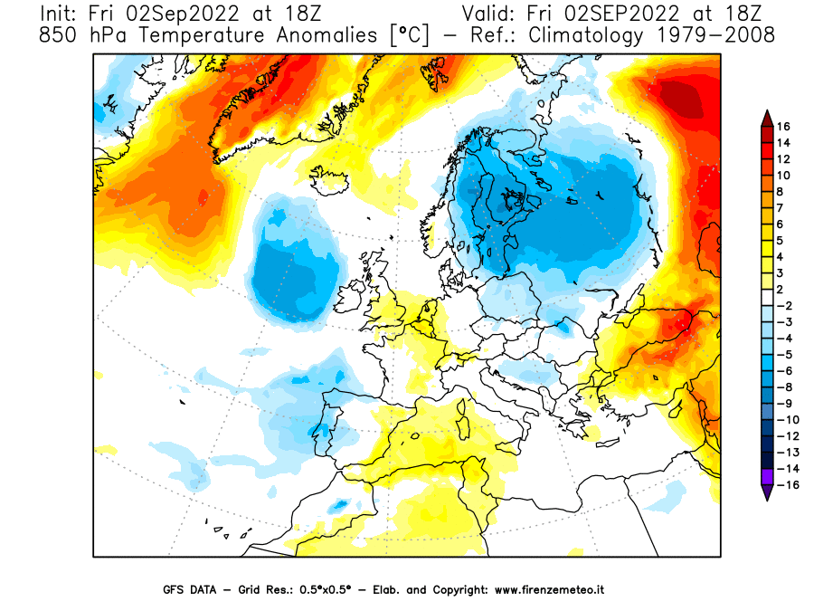 GFS analysi map - Temperature Anomalies [°C] at 850 hPa in Europe
									on 02/09/2022 18 <!--googleoff: index-->UTC<!--googleon: index-->