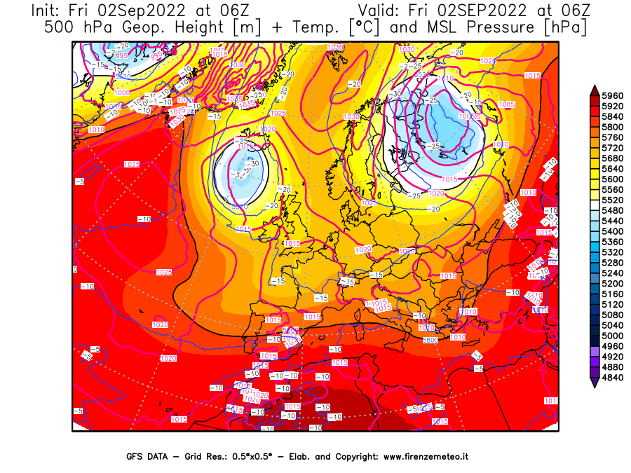 GFS analysi map - Geopotential [m] + Temp. [°C] at 500 hPa + Sea Level Pressure [hPa] in Europe
									on 02/09/2022 06 <!--googleoff: index-->UTC<!--googleon: index-->