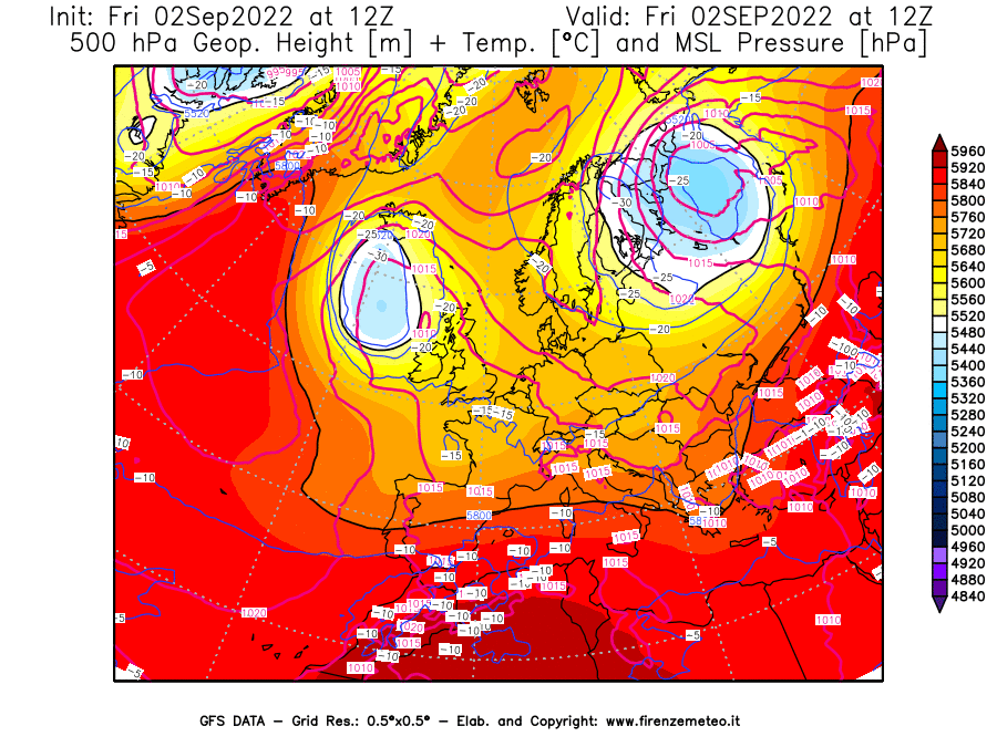 GFS analysi map - Geopotential [m] + Temp. [°C] at 500 hPa + Sea Level Pressure [hPa] in Europe
									on 02/09/2022 12 <!--googleoff: index-->UTC<!--googleon: index-->