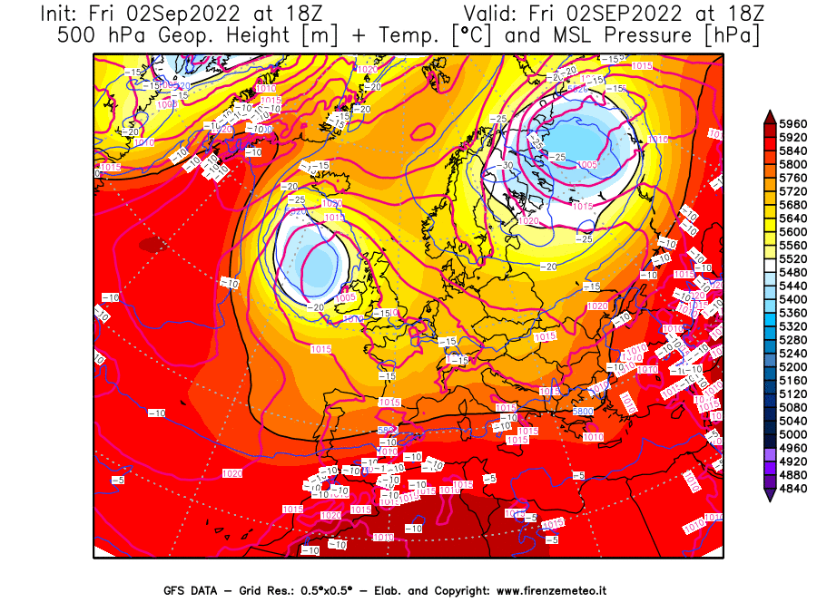 GFS analysi map - Geopotential [m] + Temp. [°C] at 500 hPa + Sea Level Pressure [hPa] in Europe
									on 02/09/2022 18 <!--googleoff: index-->UTC<!--googleon: index-->