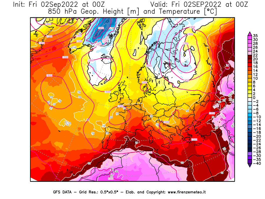 GFS analysi map - Geopotential [m] and Temperature [°C] at 850 hPa in Europe
									on 02/09/2022 00 <!--googleoff: index-->UTC<!--googleon: index-->