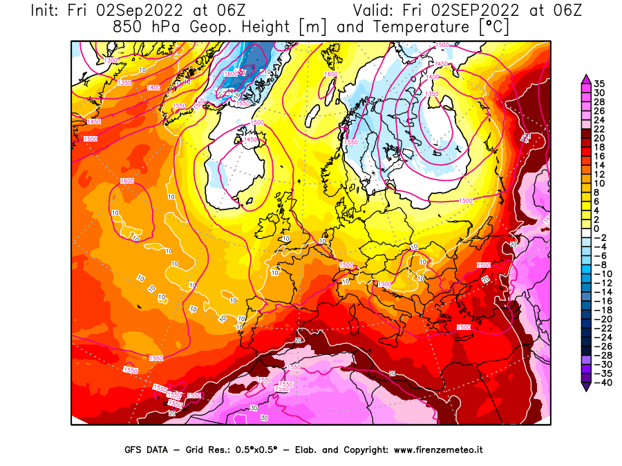 GFS analysi map - Geopotential [m] and Temperature [°C] at 850 hPa in Europe
									on 02/09/2022 06 <!--googleoff: index-->UTC<!--googleon: index-->