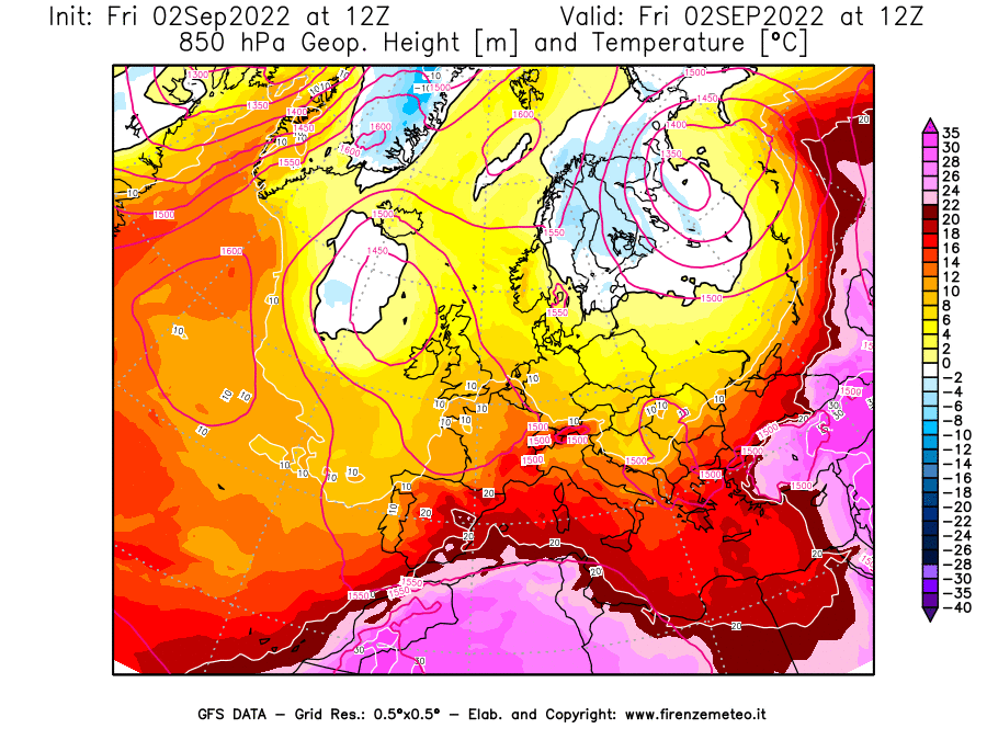 GFS analysi map - Geopotential [m] and Temperature [°C] at 850 hPa in Europe
									on 02/09/2022 12 <!--googleoff: index-->UTC<!--googleon: index-->