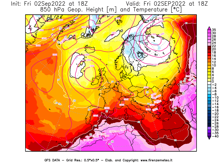 GFS analysi map - Geopotential [m] and Temperature [°C] at 850 hPa in Europe
									on 02/09/2022 18 <!--googleoff: index-->UTC<!--googleon: index-->