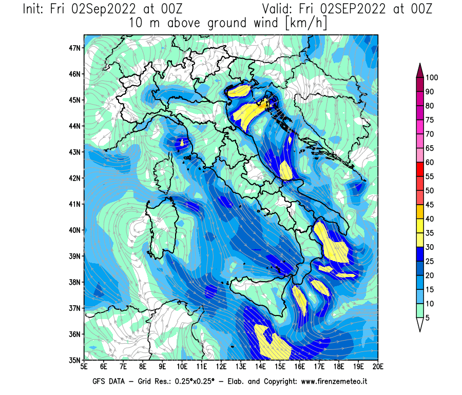 GFS analysi map - Wind Speed at 10 m above ground [km/h] in Italy
									on 02/09/2022 00 <!--googleoff: index-->UTC<!--googleon: index-->