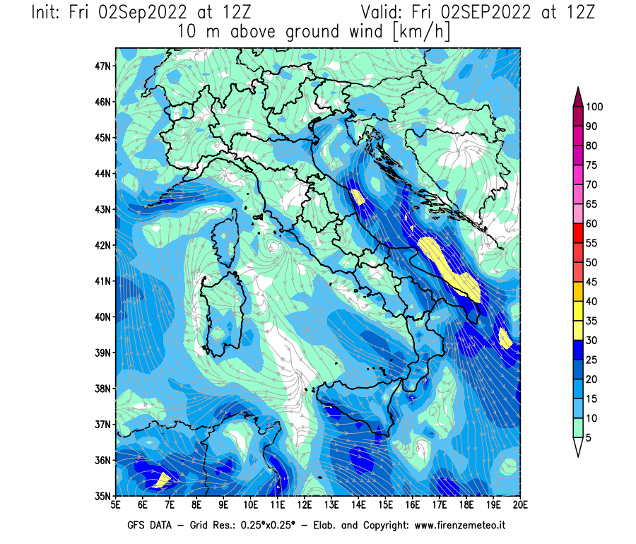 GFS analysi map - Wind Speed at 10 m above ground [km/h] in Italy
									on 02/09/2022 12 <!--googleoff: index-->UTC<!--googleon: index-->