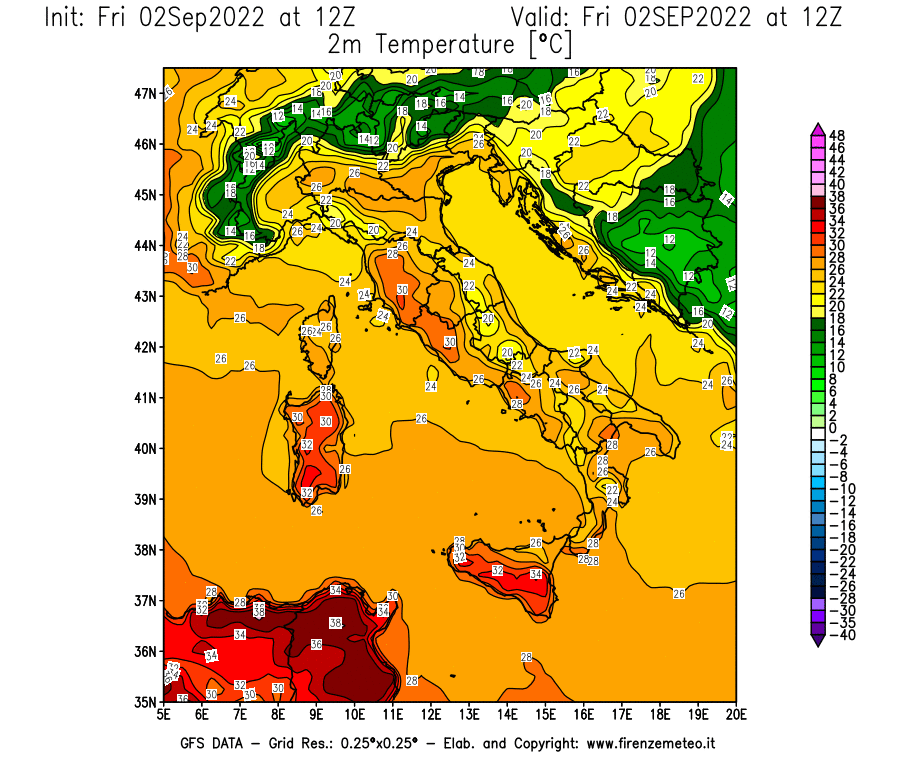 GFS analysi map - Temperature at 2 m above ground [°C] in Italy
									on 02/09/2022 12 <!--googleoff: index-->UTC<!--googleon: index-->