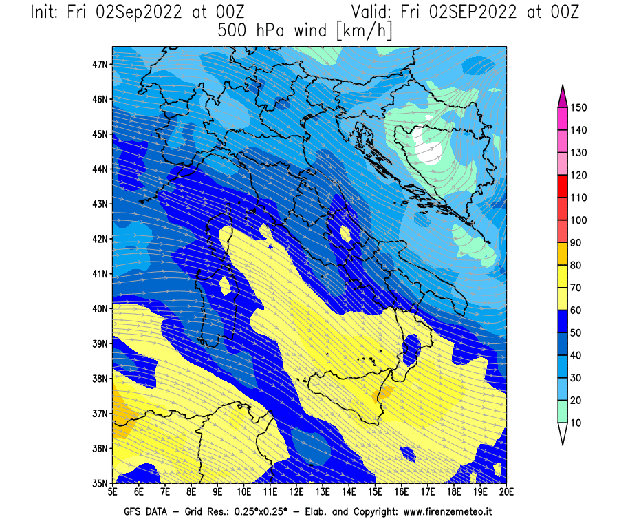GFS analysi map - Wind Speed at 500 hPa [km/h] in Italy
									on 02/09/2022 00 <!--googleoff: index-->UTC<!--googleon: index-->