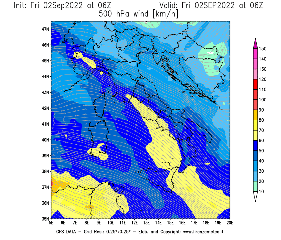 GFS analysi map - Wind Speed at 500 hPa [km/h] in Italy
									on 02/09/2022 06 <!--googleoff: index-->UTC<!--googleon: index-->