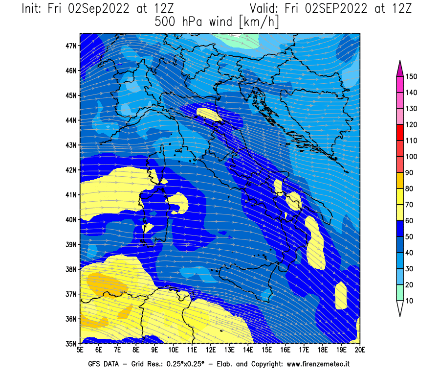GFS analysi map - Wind Speed at 500 hPa [km/h] in Italy
									on 02/09/2022 12 <!--googleoff: index-->UTC<!--googleon: index-->
