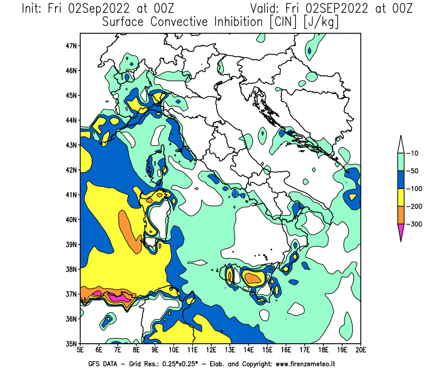 GFS analysi map - CIN [J/kg] in Italy
									on 02/09/2022 00 <!--googleoff: index-->UTC<!--googleon: index-->
