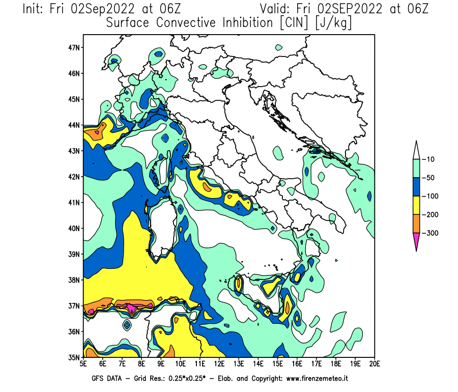 GFS analysi map - CIN [J/kg] in Italy
									on 02/09/2022 06 <!--googleoff: index-->UTC<!--googleon: index-->