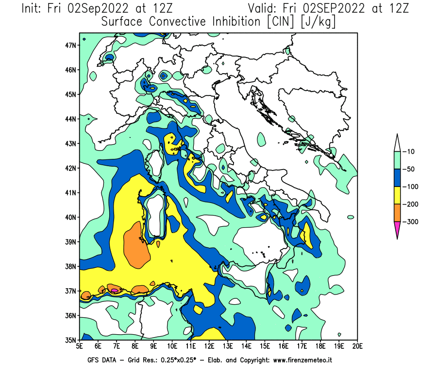 GFS analysi map - CIN [J/kg] in Italy
									on 02/09/2022 12 <!--googleoff: index-->UTC<!--googleon: index-->