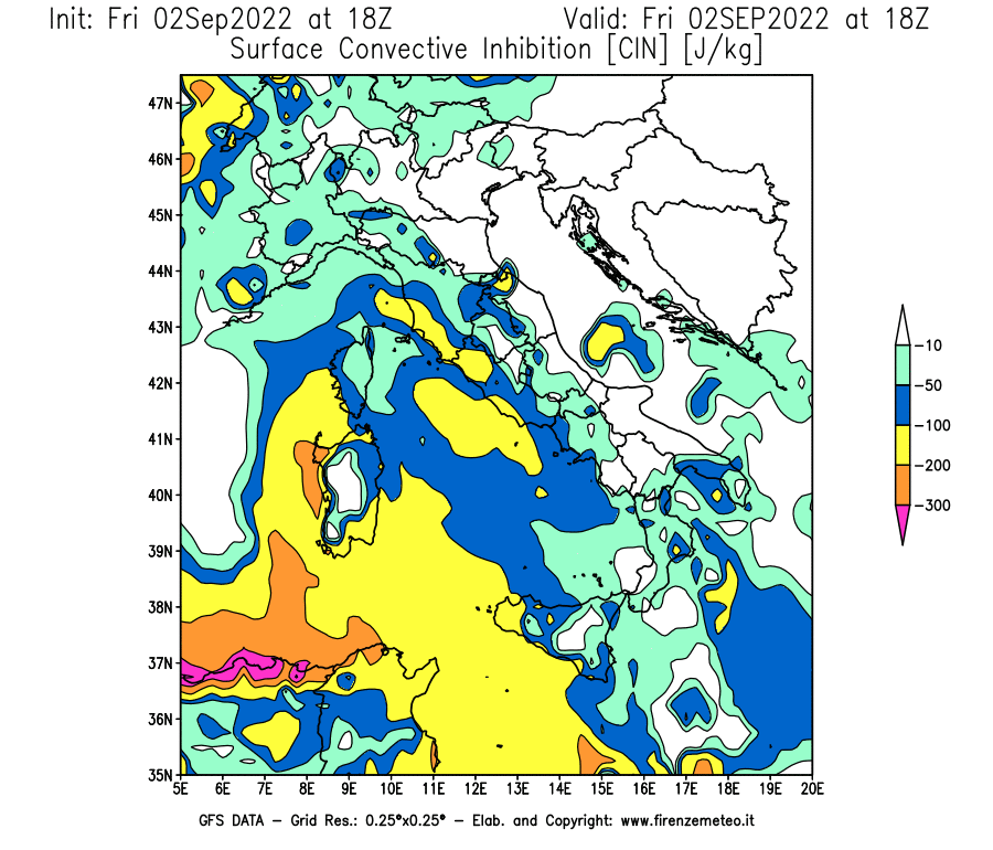 GFS analysi map - CIN [J/kg] in Italy
									on 02/09/2022 18 <!--googleoff: index-->UTC<!--googleon: index-->