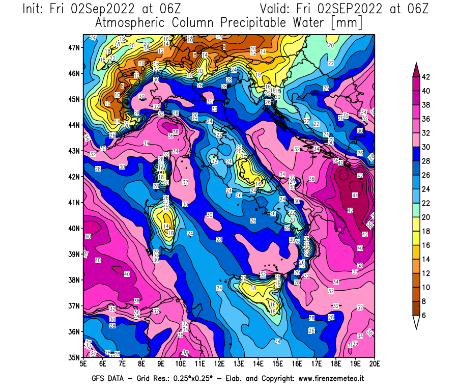GFS analysi map - Precipitable Water [mm] in Italy
									on 02/09/2022 06 <!--googleoff: index-->UTC<!--googleon: index-->