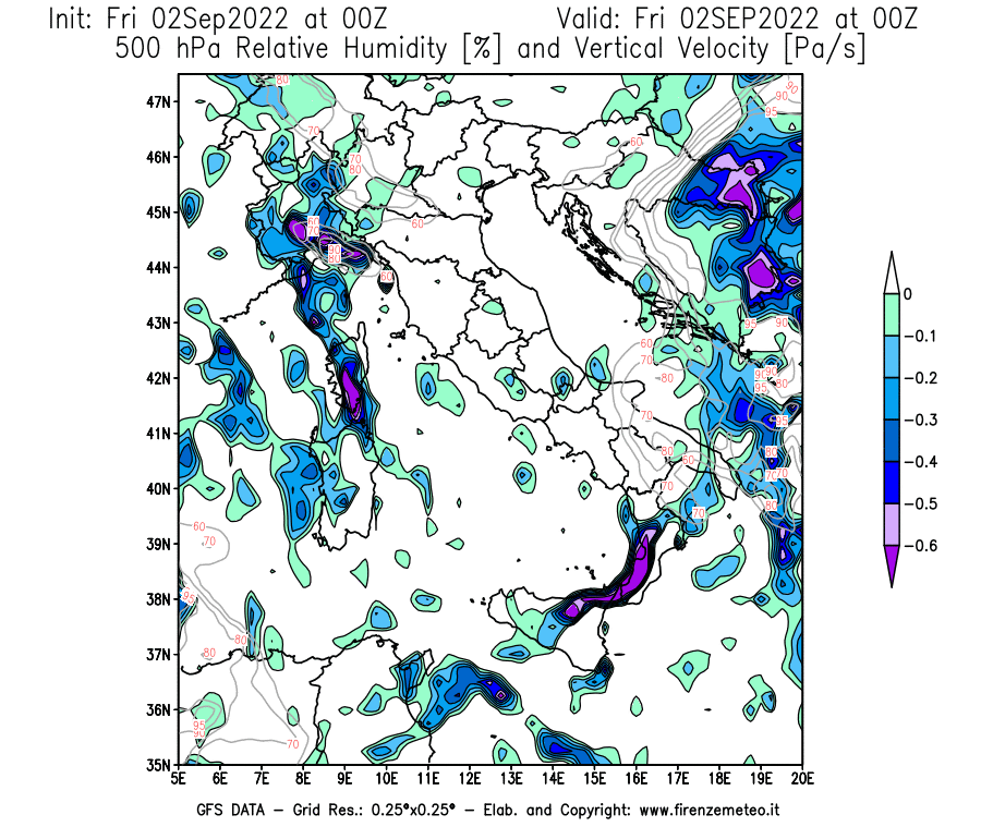 GFS analysi map - Relative Umidity [%] and Omega [Pa/s] at 500 hPa in Italy
									on 02/09/2022 00 <!--googleoff: index-->UTC<!--googleon: index-->