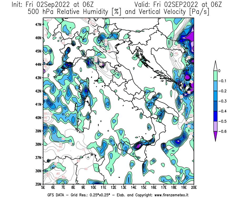 GFS analysi map - Relative Umidity [%] and Omega [Pa/s] at 500 hPa in Italy
									on 02/09/2022 06 <!--googleoff: index-->UTC<!--googleon: index-->