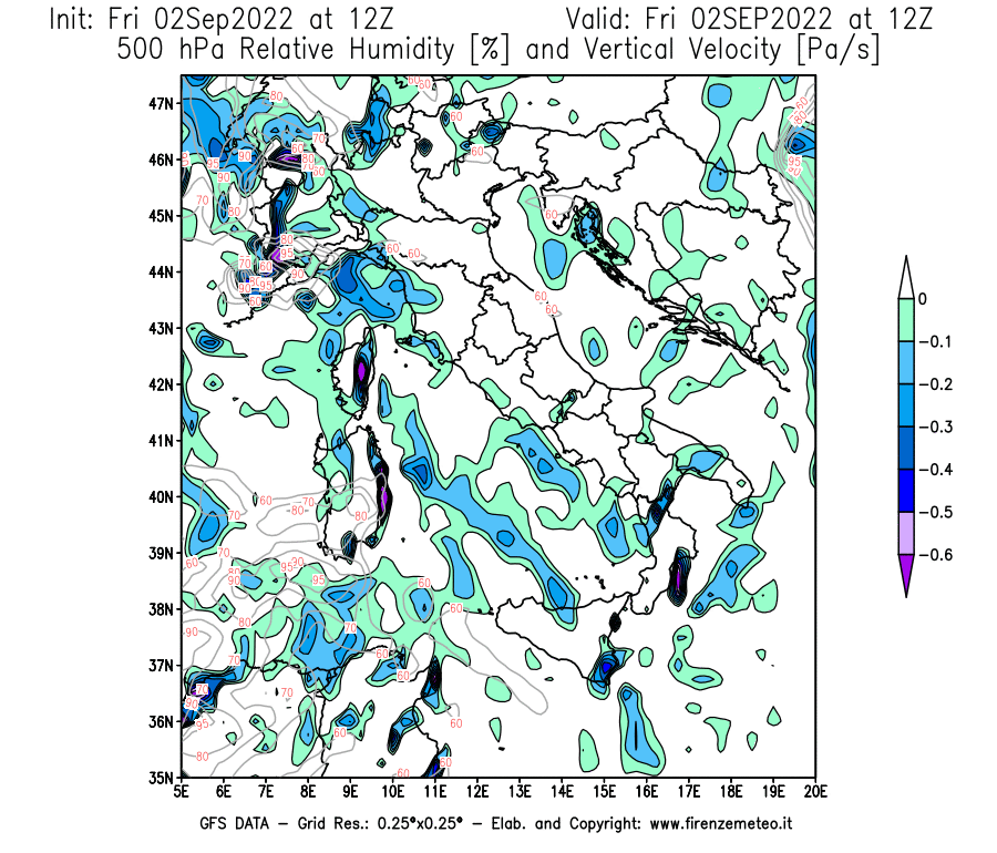GFS analysi map - Relative Umidity [%] and Omega [Pa/s] at 500 hPa in Italy
									on 02/09/2022 12 <!--googleoff: index-->UTC<!--googleon: index-->