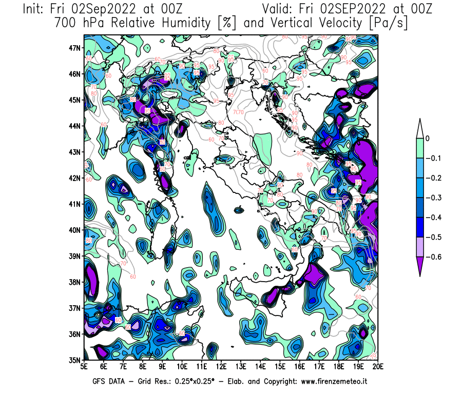GFS analysi map - Relative Umidity [%] and Omega [Pa/s] at 700 hPa in Italy
									on 02/09/2022 00 <!--googleoff: index-->UTC<!--googleon: index-->