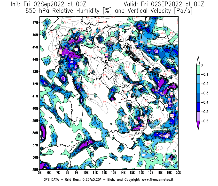 GFS analysi map - Relative Umidity [%] and Omega [Pa/s] at 850 hPa in Italy
									on 02/09/2022 00 <!--googleoff: index-->UTC<!--googleon: index-->