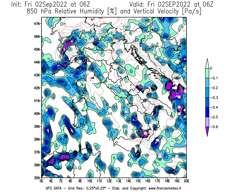 GFS analysi map - Relative Umidity [%] and Omega [Pa/s] at 850 hPa in Italy
									on 02/09/2022 06 <!--googleoff: index-->UTC<!--googleon: index-->
