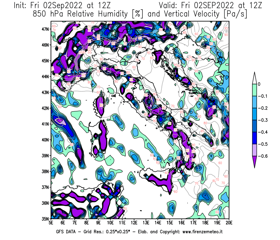 GFS analysi map - Relative Umidity [%] and Omega [Pa/s] at 850 hPa in Italy
									on 02/09/2022 12 <!--googleoff: index-->UTC<!--googleon: index-->