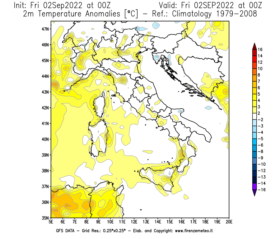 GFS analysi map - Temperature Anomalies [°C] at 2 m in Italy
									on 02/09/2022 00 <!--googleoff: index-->UTC<!--googleon: index-->