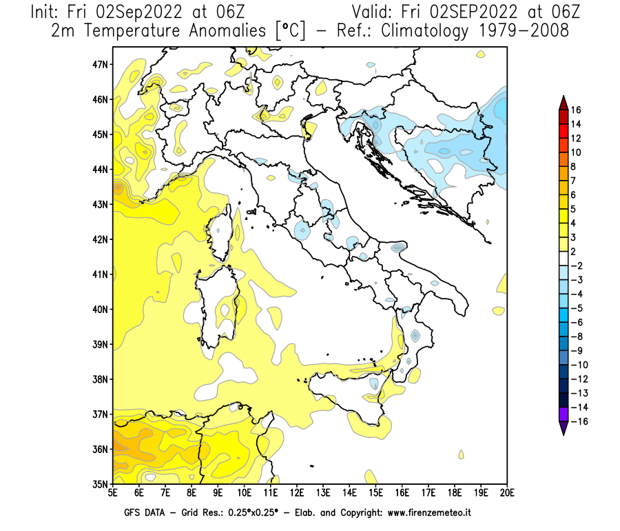 GFS analysi map - Temperature Anomalies [°C] at 2 m in Italy
									on 02/09/2022 06 <!--googleoff: index-->UTC<!--googleon: index-->