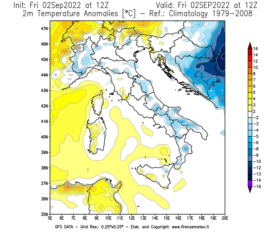 GFS analysi map - Temperature Anomalies [°C] at 2 m in Italy
									on 02/09/2022 12 <!--googleoff: index-->UTC<!--googleon: index-->