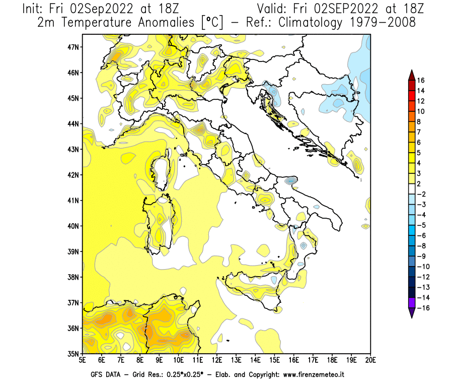 GFS analysi map - Temperature Anomalies [°C] at 2 m in Italy
									on 02/09/2022 18 <!--googleoff: index-->UTC<!--googleon: index-->