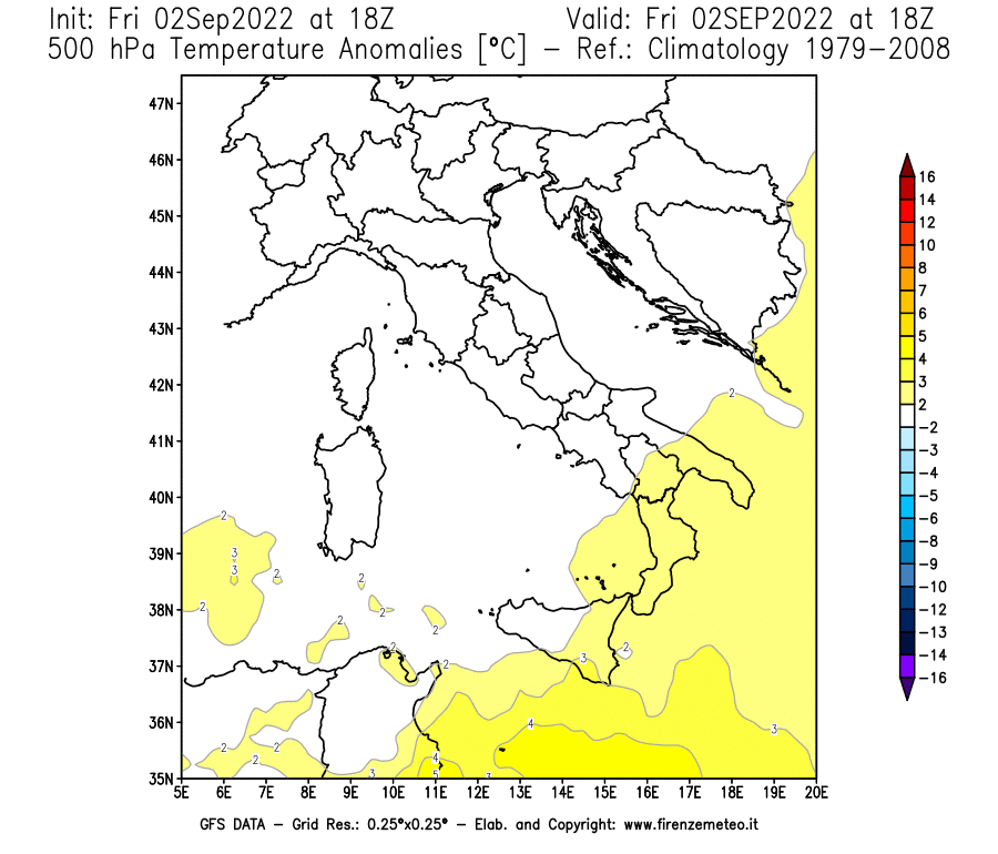 GFS analysi map - Temperature Anomalies [°C] at 500 hPa in Italy
									on 02/09/2022 18 <!--googleoff: index-->UTC<!--googleon: index-->