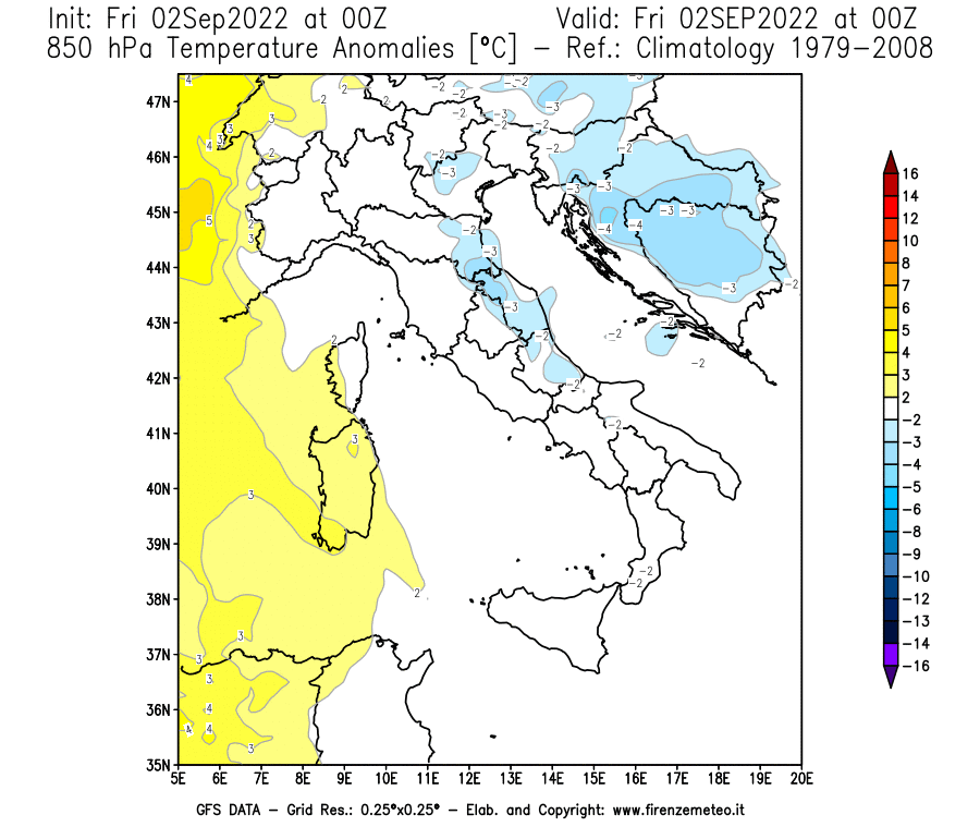 GFS analysi map - Temperature Anomalies [°C] at 850 hPa in Italy
									on 02/09/2022 00 <!--googleoff: index-->UTC<!--googleon: index-->