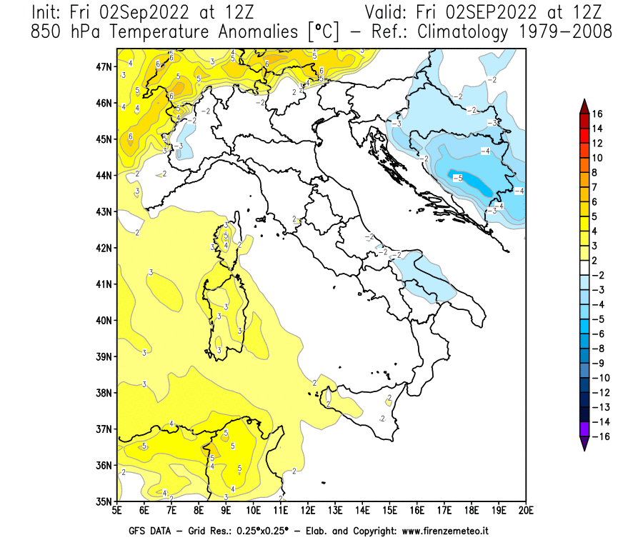 GFS analysi map - Temperature Anomalies [°C] at 850 hPa in Italy
									on 02/09/2022 12 <!--googleoff: index-->UTC<!--googleon: index-->