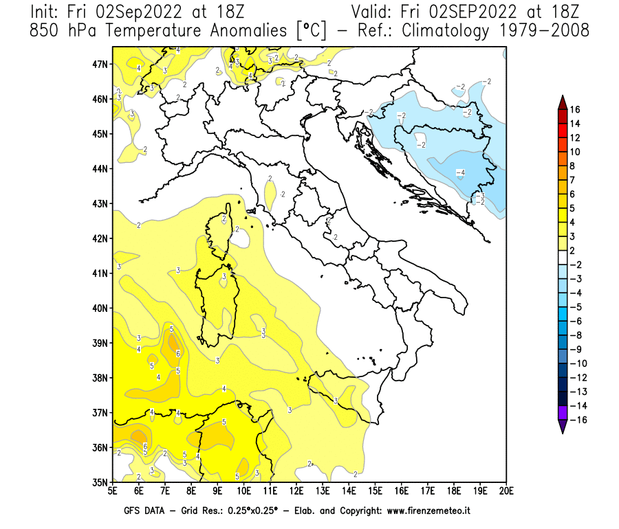 GFS analysi map - Temperature Anomalies [°C] at 850 hPa in Italy
									on 02/09/2022 18 <!--googleoff: index-->UTC<!--googleon: index-->