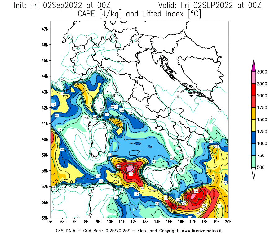 GFS analysi map - CAPE [J/kg] and Lifted Index [°C] in Italy
									on 02/09/2022 00 <!--googleoff: index-->UTC<!--googleon: index-->